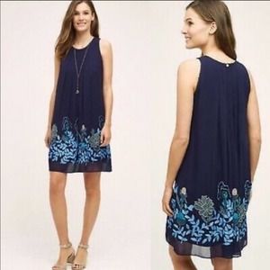 Anthropologie Not So Serious Embroidered Woodvine Swing Dress Size 6 Blue 6410